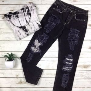 Black Lace Patch Destroyed Jeans by LF Carmar NWT
